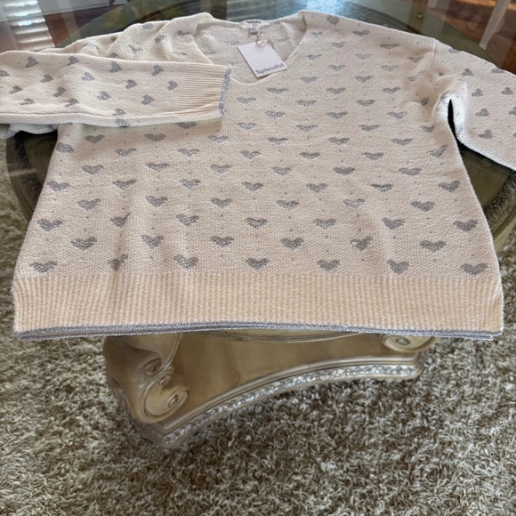 Splendid Sweaters - Splendid Hazel Hearts V-Neck Knit Sweater Ivory w/ Metallic Silver Hearts Size L